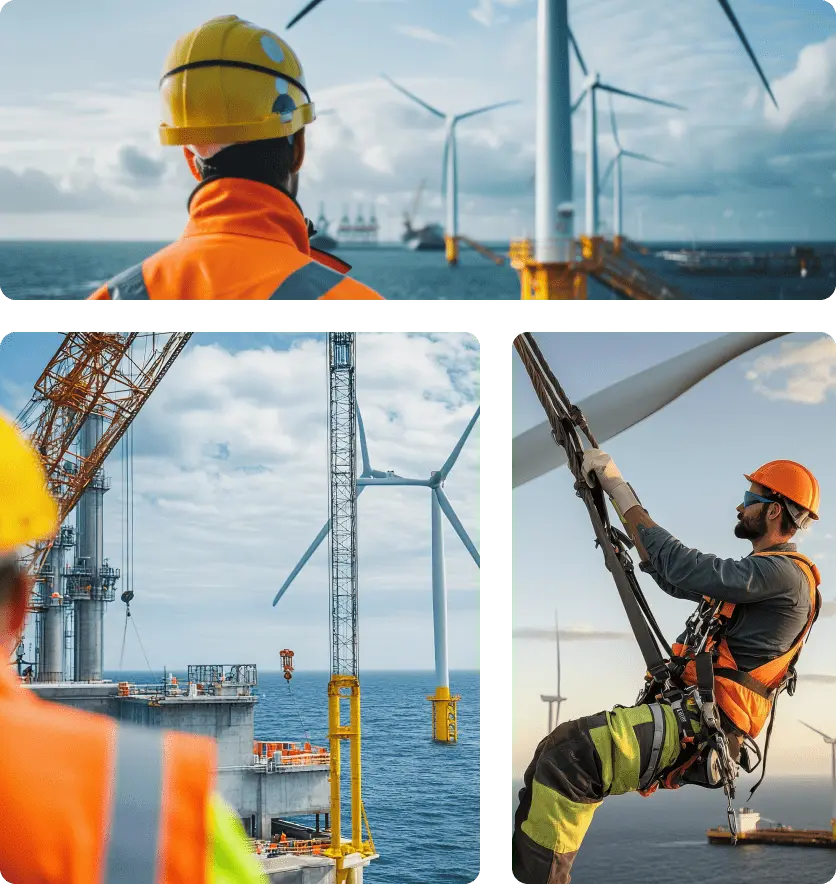 Technicians and managers working on offshore wind energy projects.