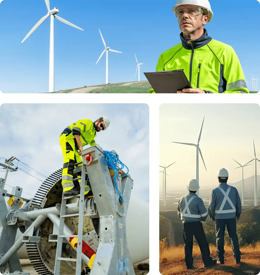 Images of technicians and managers working on onshore wind energy projects.